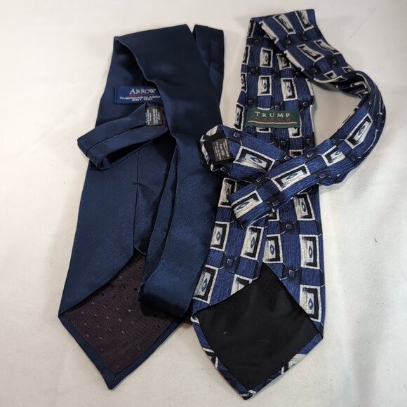 Arrow Trump 2 Set 100% Silk Tie Men's Neck Blue Geometric Pattern Solid - Picture 5 of 12